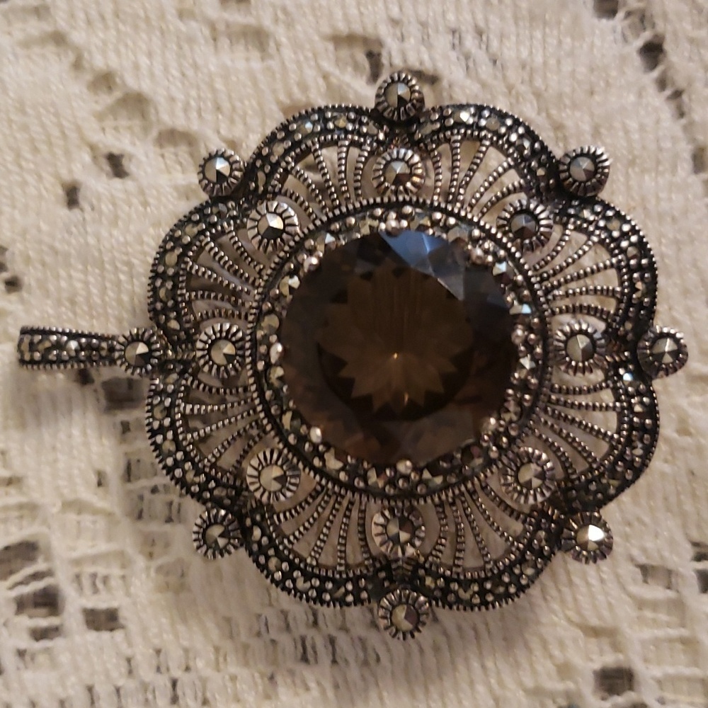 STUNNING Sterling Silver PENDANT BROOCH/PIN Smoky Quartz MARCASITE FILIGREE